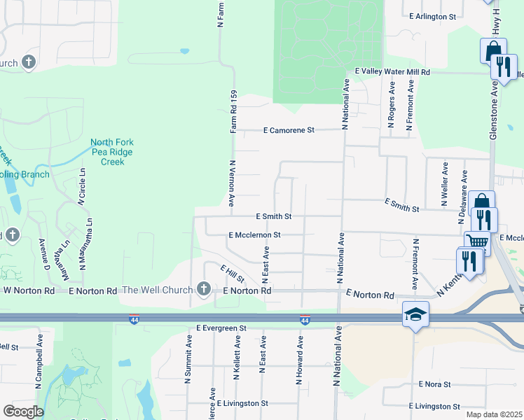 map of restaurants, bars, coffee shops, grocery stores, and more near 933 East Smith Street in Springfield