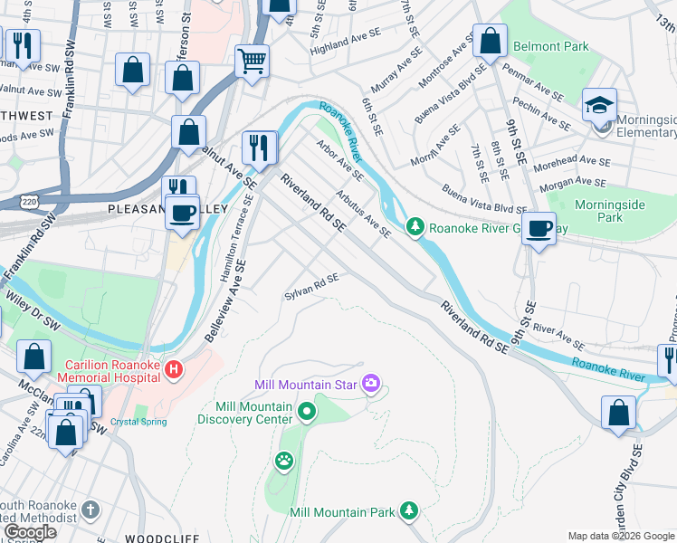map of restaurants, bars, coffee shops, grocery stores, and more near 627 Walnut Avenue Southeast in Roanoke