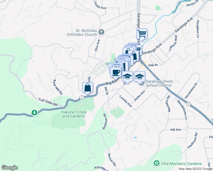map of restaurants, bars, coffee shops, grocery stores, and more near 14650 Big Basin Way in Saratoga