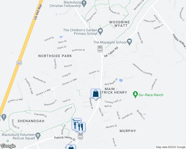 map of restaurants, bars, coffee shops, grocery stores, and more near 107 Givens Lane in Blacksburg