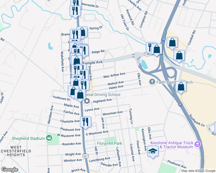 map of restaurants, bars, coffee shops, grocery stores, and more near 313 Walnut Avenue in Colonial Heights