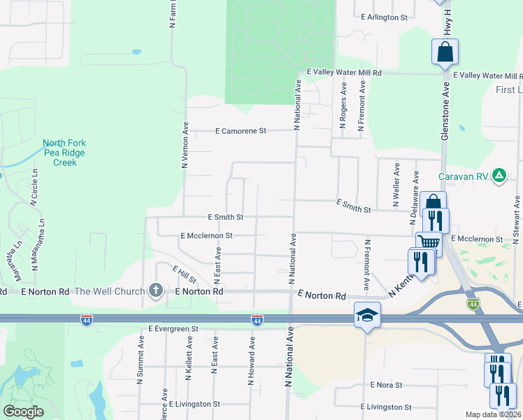 map of restaurants, bars, coffee shops, grocery stores, and more near 1103 East Smith Street in Springfield