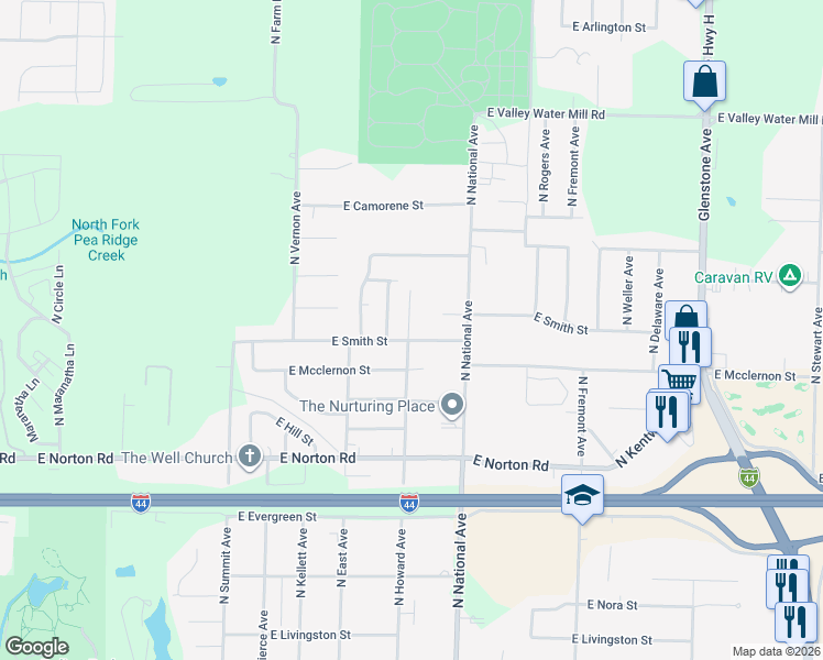 map of restaurants, bars, coffee shops, grocery stores, and more near 1103 East Smith Street in Springfield