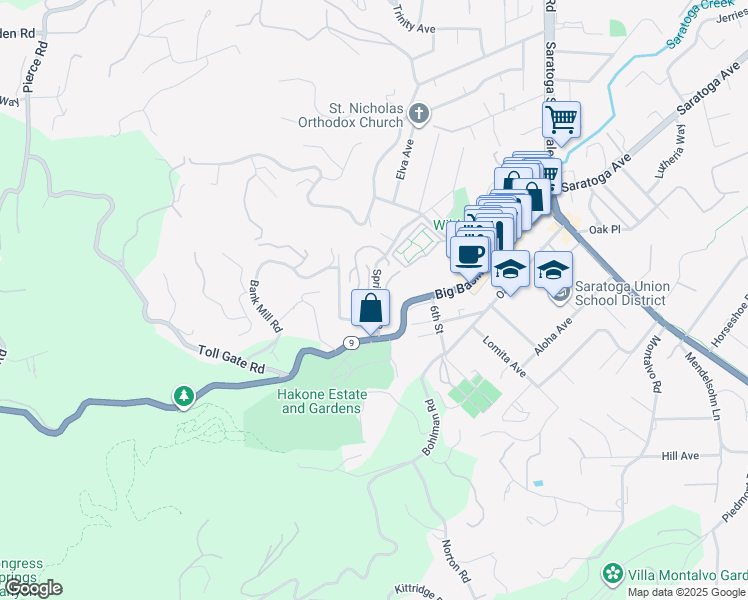map of restaurants, bars, coffee shops, grocery stores, and more near 14676 Wild Berry Lane in Saratoga