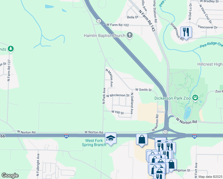 map of restaurants, bars, coffee shops, grocery stores, and more near 2102 West Smith Street in Springfield