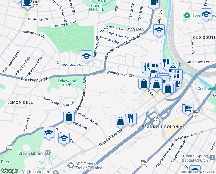 map of restaurants, bars, coffee shops, grocery stores, and more near 939 Oakwood Drive Southwest in Roanoke