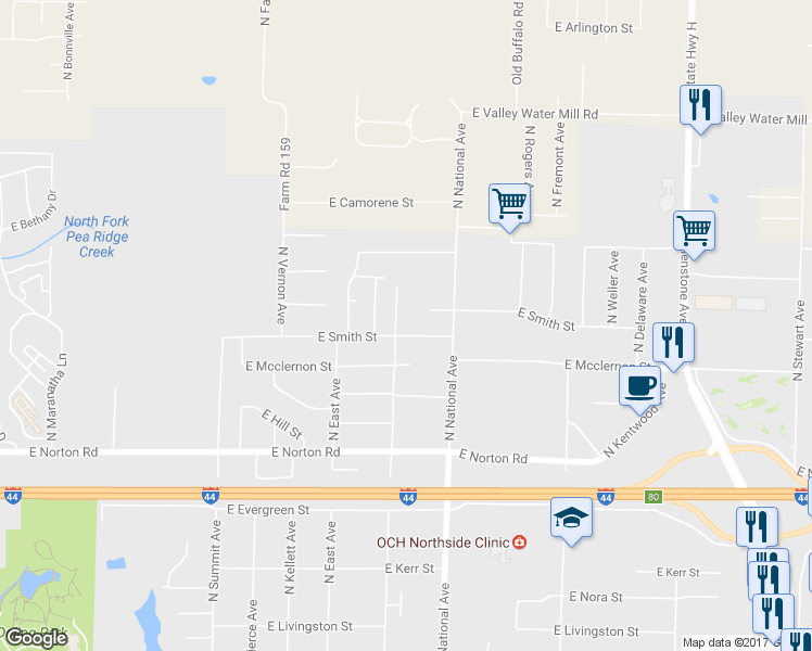 map of restaurants, bars, coffee shops, grocery stores, and more near 1103 East Smith Street in Springfield