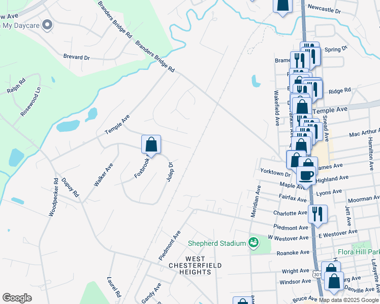 map of restaurants, bars, coffee shops, grocery stores, and more near 3501 Colonnade Drive in Ettrick