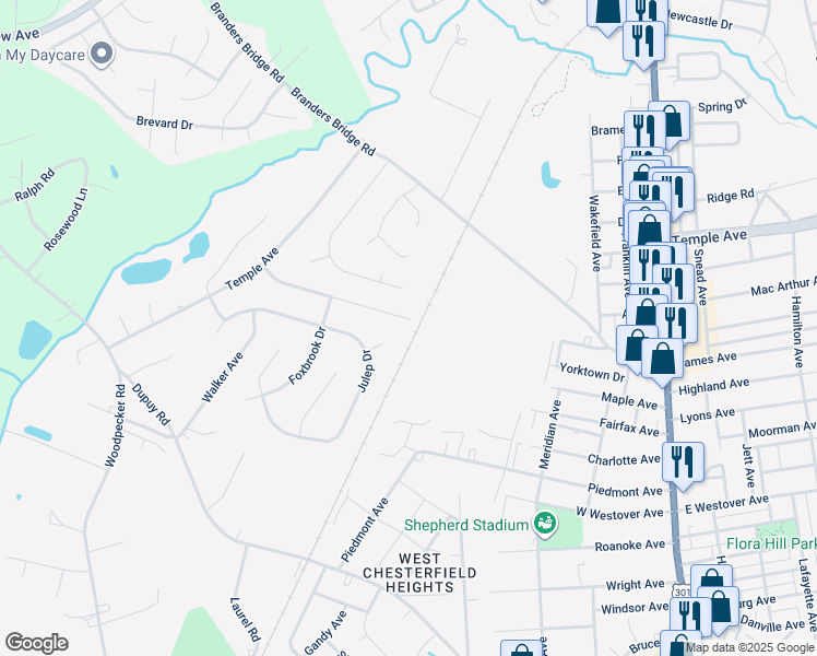 map of restaurants, bars, coffee shops, grocery stores, and more near 3501 Colonnade Drive in Ettrick