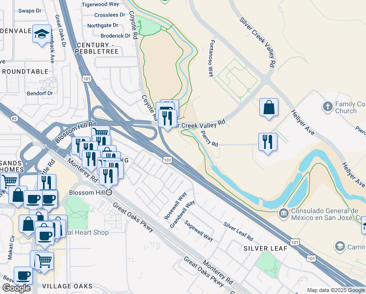 map of restaurants, bars, coffee shops, grocery stores, and more near 5805 Silver Creek Valley Place in San Jose