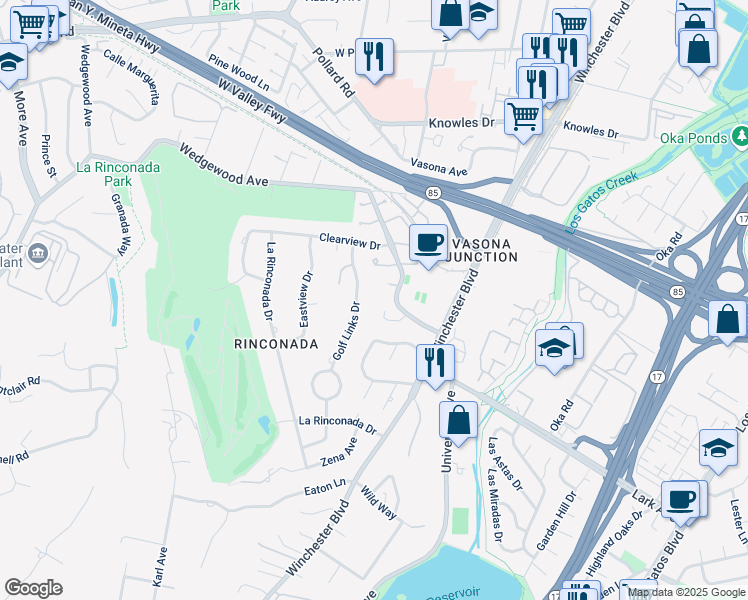 map of restaurants, bars, coffee shops, grocery stores, and more near 14640 Golf Links Dr in Los Gatos
