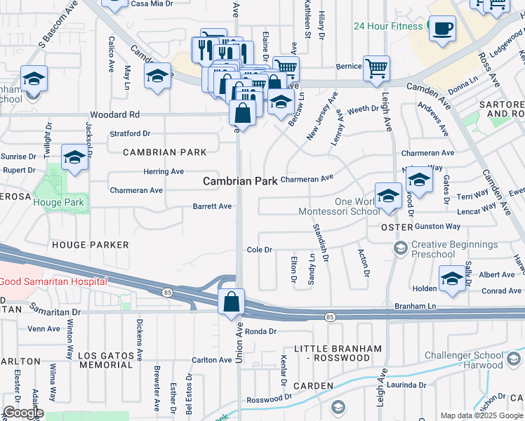 map of restaurants, bars, coffee shops, grocery stores, and more near 14917 Berry Way in San Jose