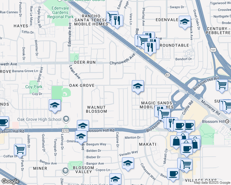 map of restaurants, bars, coffee shops, grocery stores, and more near 184 Sun Blossom Drive in San Jose
