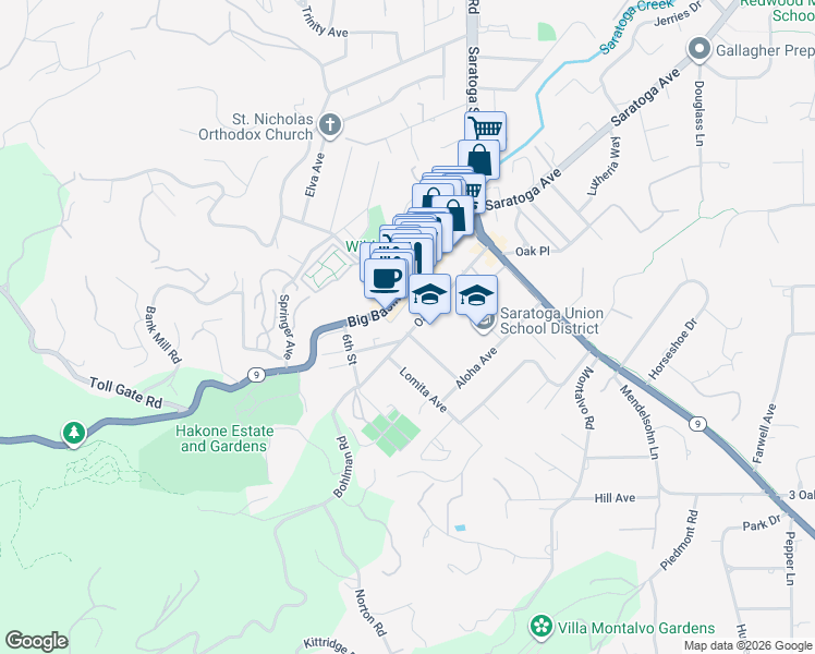 map of restaurants, bars, coffee shops, grocery stores, and more near 14592 Oak Street in Saratoga