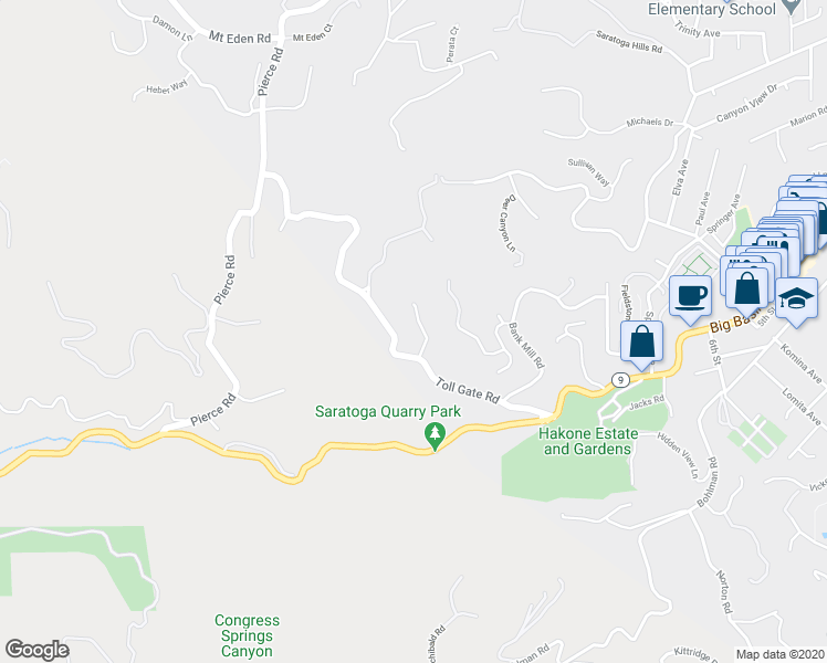 map of restaurants, bars, coffee shops, grocery stores, and more near 24140 Booker Creek Road in Saratoga