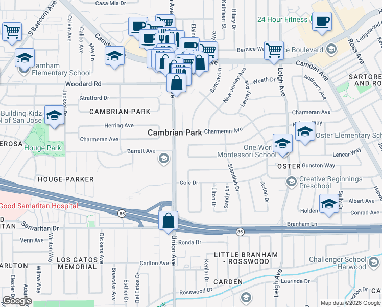 map of restaurants, bars, coffee shops, grocery stores, and more near 14917 Berry Way in San Jose
