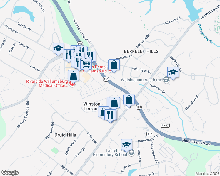 map of restaurants, bars, coffee shops, grocery stores, and more near 5311 John Tyler Highway in Williamsburg