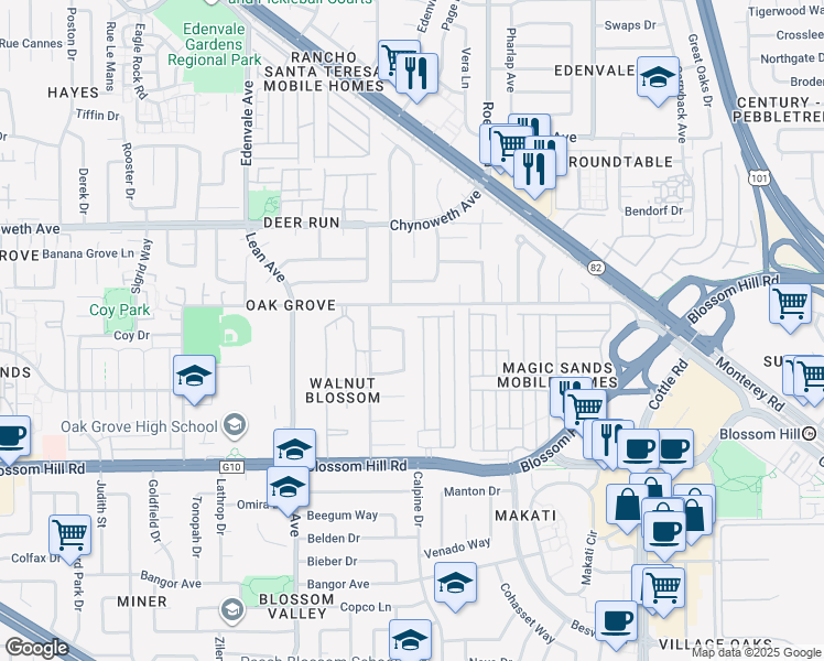 map of restaurants, bars, coffee shops, grocery stores, and more near 184 Sun Blossom Drive in San Jose