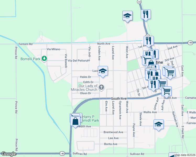 map of restaurants, bars, coffee shops, grocery stores, and more near 1302 Hales Drive in Gustine