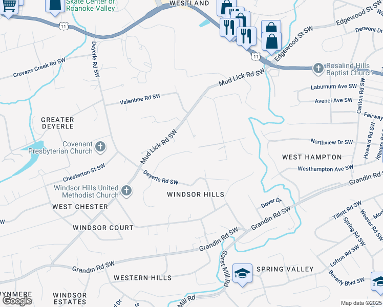 map of restaurants, bars, coffee shops, grocery stores, and more near 3436 Brymoor Road Southwest in Roanoke