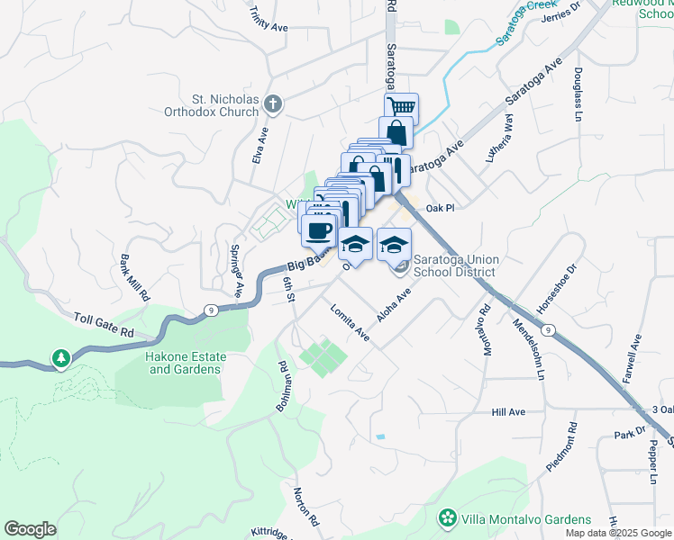 map of restaurants, bars, coffee shops, grocery stores, and more near 14649 Oak Street in Saratoga