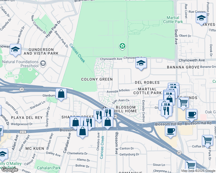 map of restaurants, bars, coffee shops, grocery stores, and more near 5453 Colony Green Drive in San Jose
