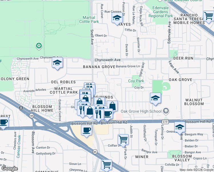 map of restaurants, bars, coffee shops, grocery stores, and more near 5296 Borneo Circle in San Jose