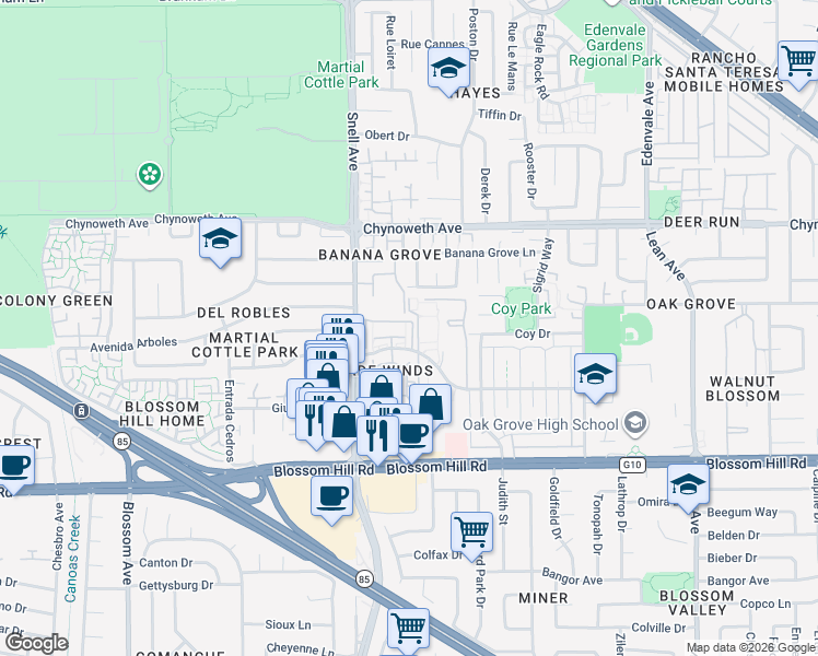 map of restaurants, bars, coffee shops, grocery stores, and more near 5296 Borneo Circle in San Jose