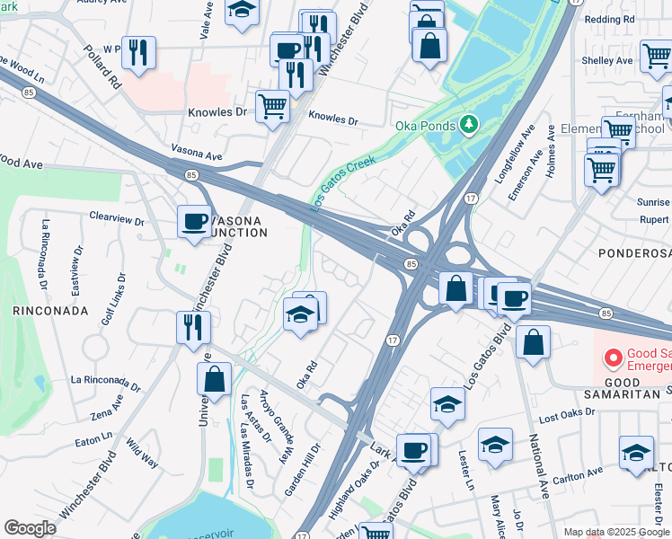 map of restaurants, bars, coffee shops, grocery stores, and more near 14685 Oka Road in Los Gatos