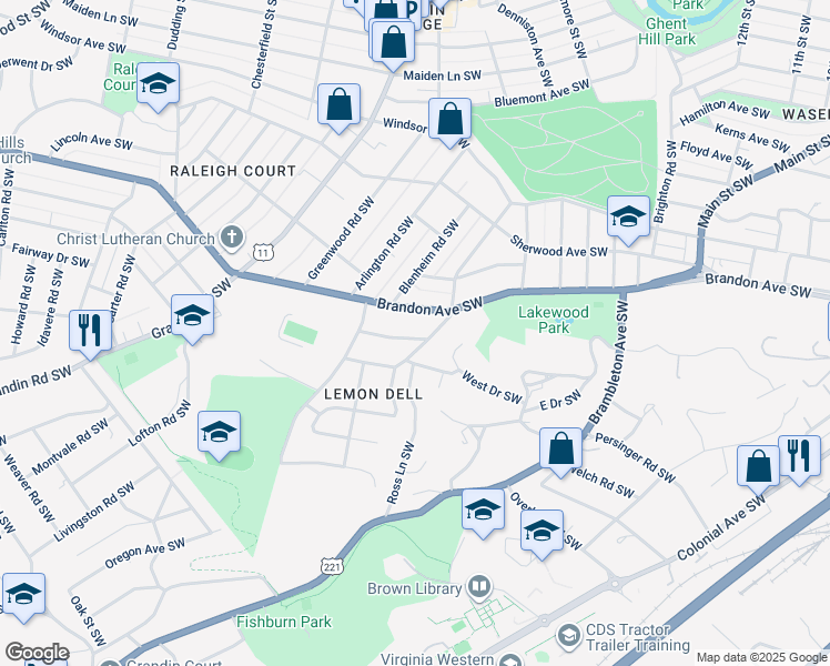 map of restaurants, bars, coffee shops, grocery stores, and more near 1609 Center Hill Drive Southwest in Roanoke