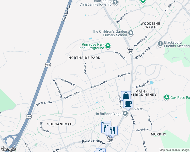 map of restaurants, bars, coffee shops, grocery stores, and more near 200-298 Craig Drive in Blacksburg