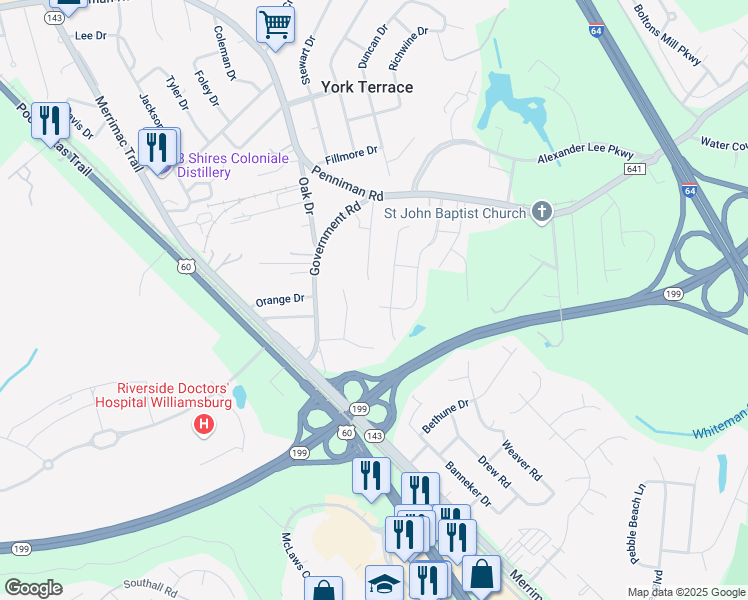 map of restaurants, bars, coffee shops, grocery stores, and more near 404 Cheeseman Road in Williamsburg