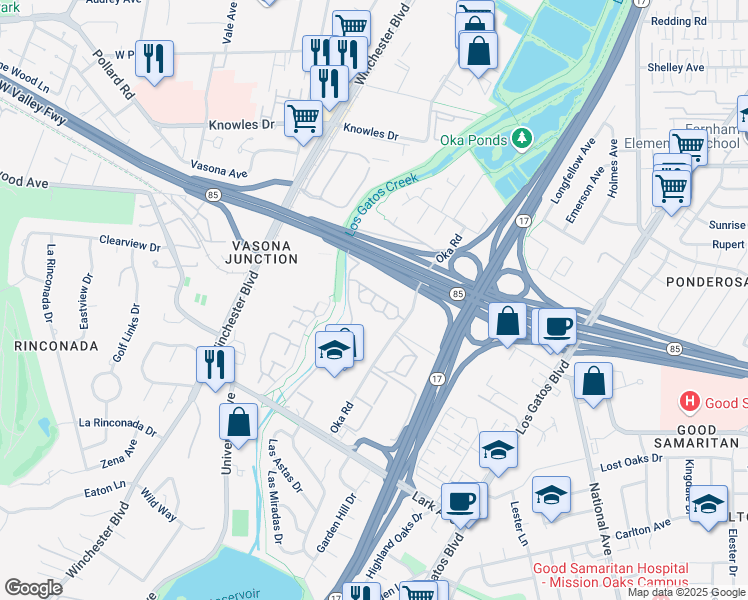 map of restaurants, bars, coffee shops, grocery stores, and more near 14685 Oka Road in Los Gatos