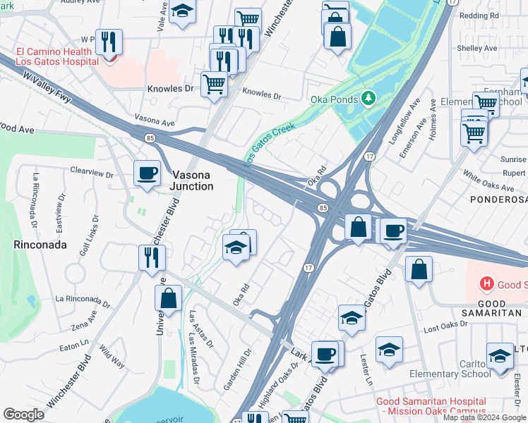 map of restaurants, bars, coffee shops, grocery stores, and more near 14685 Oka Road in Los Gatos