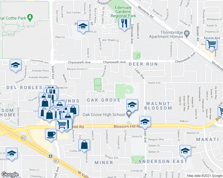 map of restaurants, bars, coffee shops, grocery stores, and more near 199 Coy Drive in San Jose