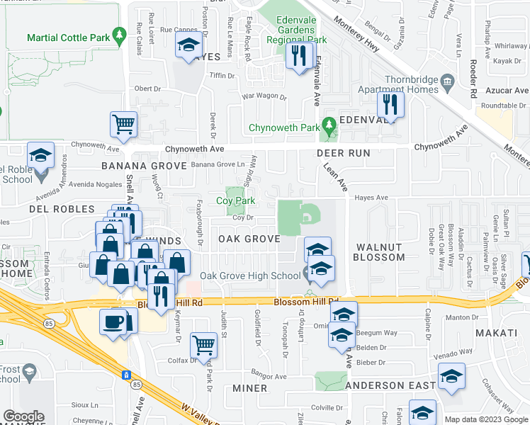 map of restaurants, bars, coffee shops, grocery stores, and more near 199 Coy Drive in San Jose