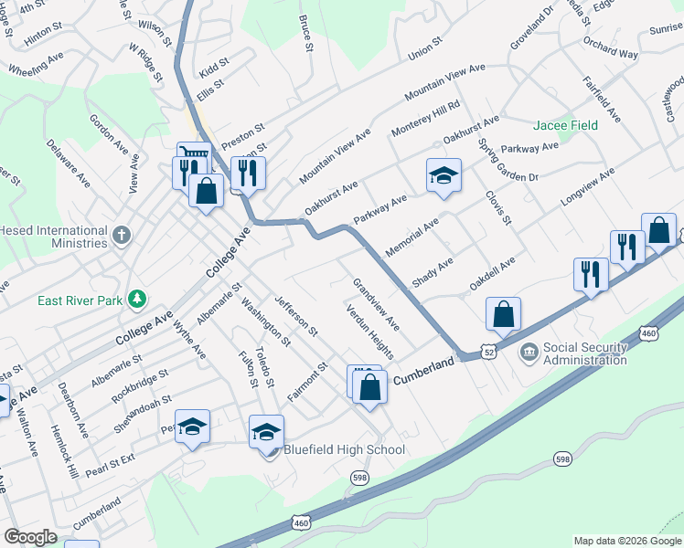 map of restaurants, bars, coffee shops, grocery stores, and more near 2506 Grandview Street in Bluefield