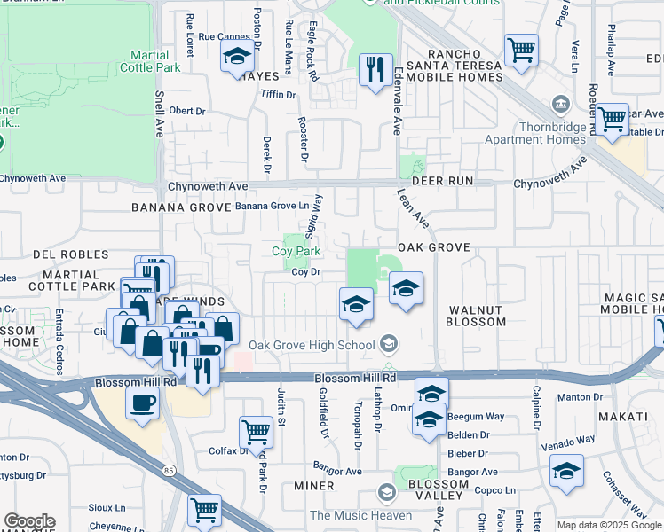 map of restaurants, bars, coffee shops, grocery stores, and more near 199 Coy Drive in San Jose