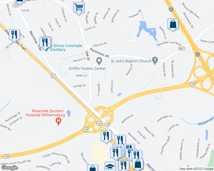 map of restaurants, bars, coffee shops, grocery stores, and more near 404 Cheeseman Road in Williamsburg