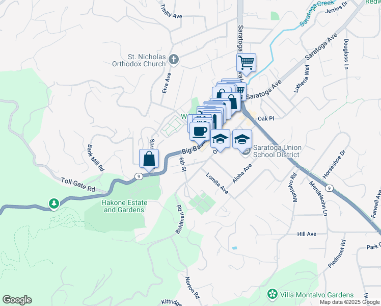 map of restaurants, bars, coffee shops, grocery stores, and more near 14602 Big Basin Way in Saratoga