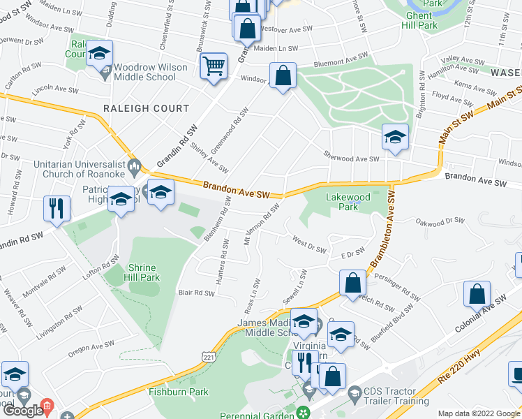 map of restaurants, bars, coffee shops, grocery stores, and more near 1609 Center Hill Drive Southwest in Roanoke