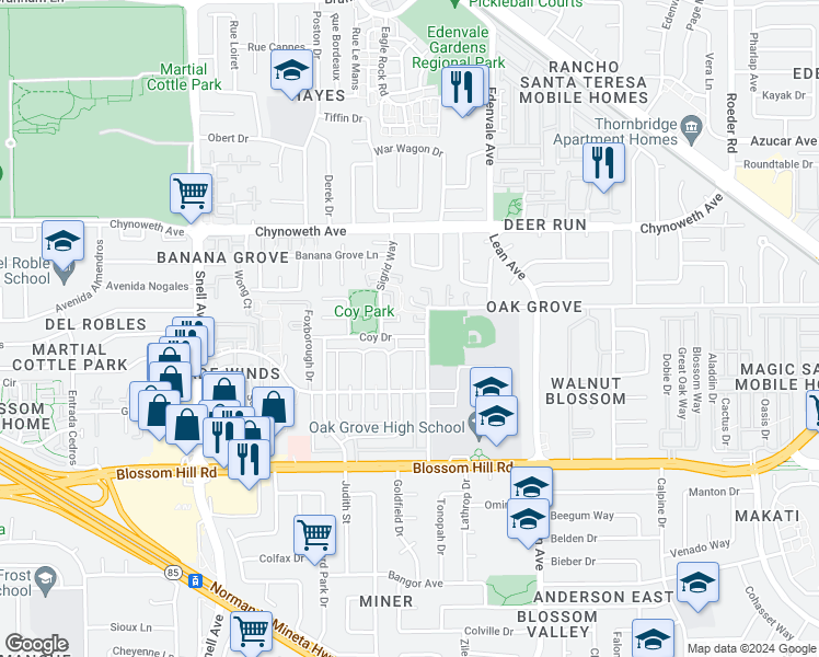 map of restaurants, bars, coffee shops, grocery stores, and more near 199 Coy Drive in San Jose