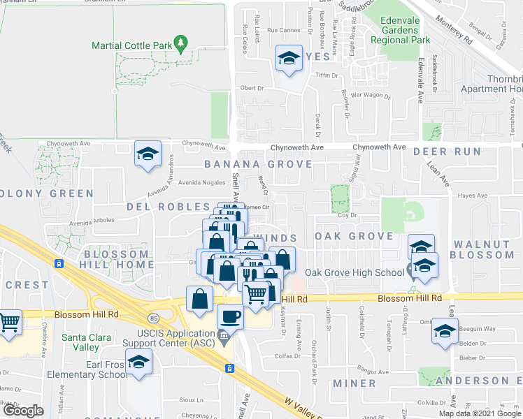 map of restaurants, bars, coffee shops, grocery stores, and more near 5298 Borneo Circle in San Jose