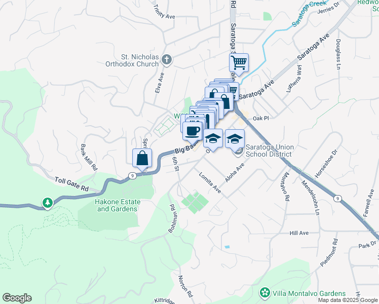 map of restaurants, bars, coffee shops, grocery stores, and more near 14602 Big Basin Way in Saratoga