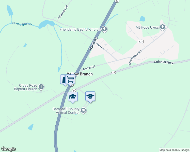 map of restaurants, bars, coffee shops, grocery stores, and more near 4025 Colonial Highway in Rustburg