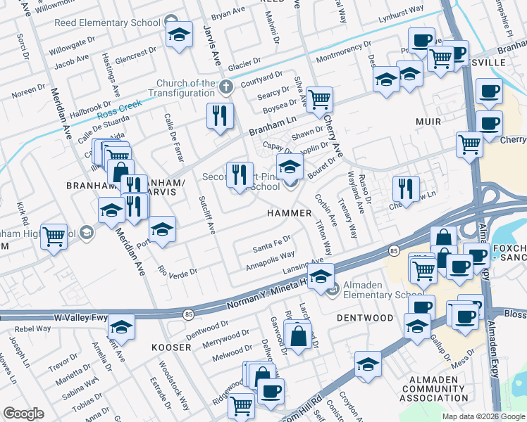 map of restaurants, bars, coffee shops, grocery stores, and more near 1379 Luning Drive in San Jose