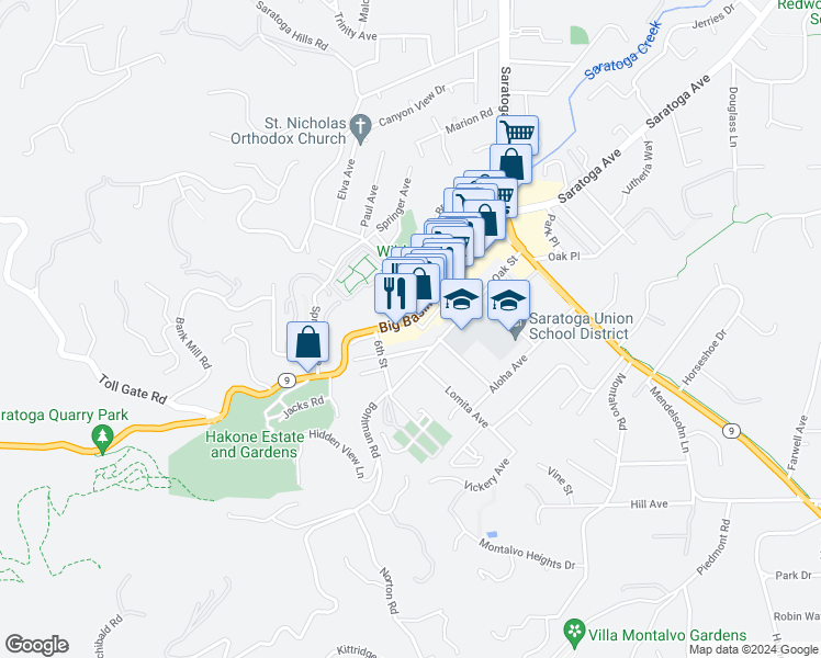 map of restaurants, bars, coffee shops, grocery stores, and more near 14590 Big Basin Way in Saratoga