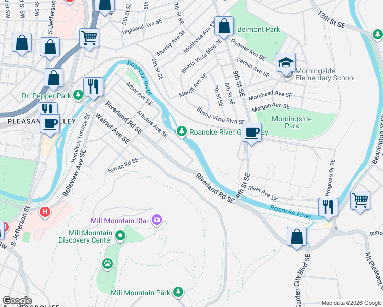 map of restaurants, bars, coffee shops, grocery stores, and more near Roanoke River Greenway in Roanoke