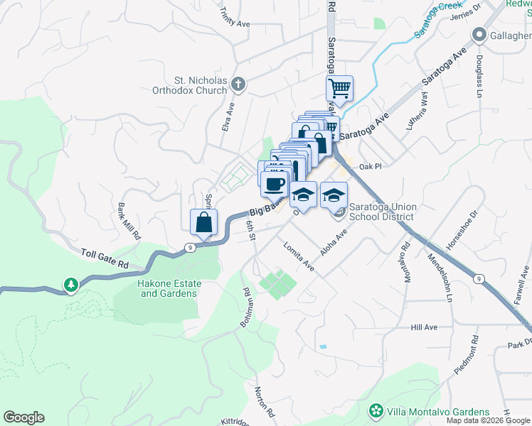 map of restaurants, bars, coffee shops, grocery stores, and more near 14598 Big Basin Way in Saratoga