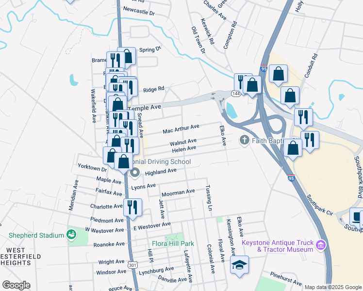 map of restaurants, bars, coffee shops, grocery stores, and more near 411 Walnut Avenue in Colonial Heights